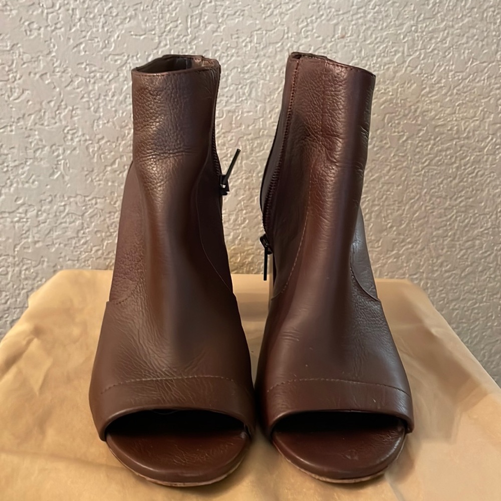 Vince Brown leather open toe boot.